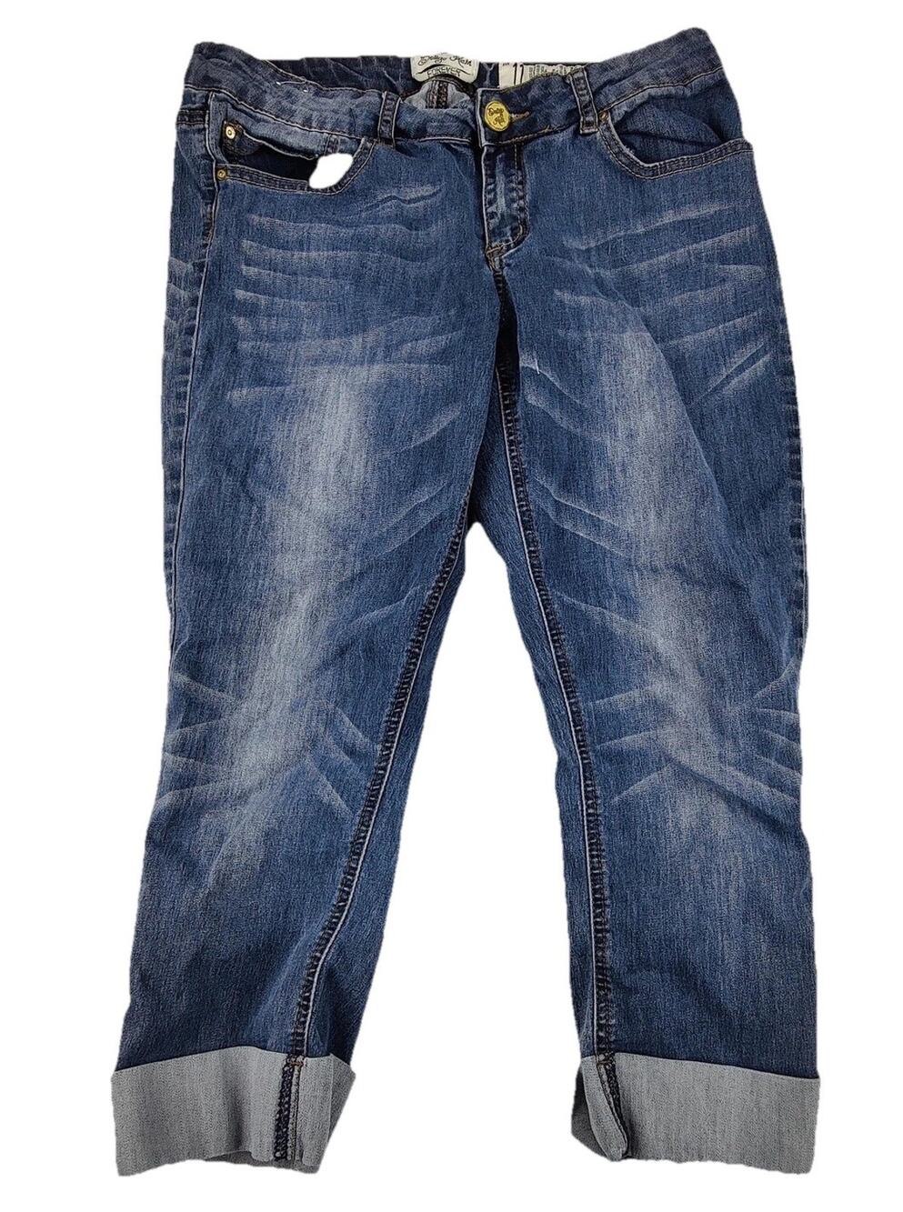 Indigo Rein Capri Jeans Juniors 11 Blue Medium Wash Distressed Cuffed 32x20